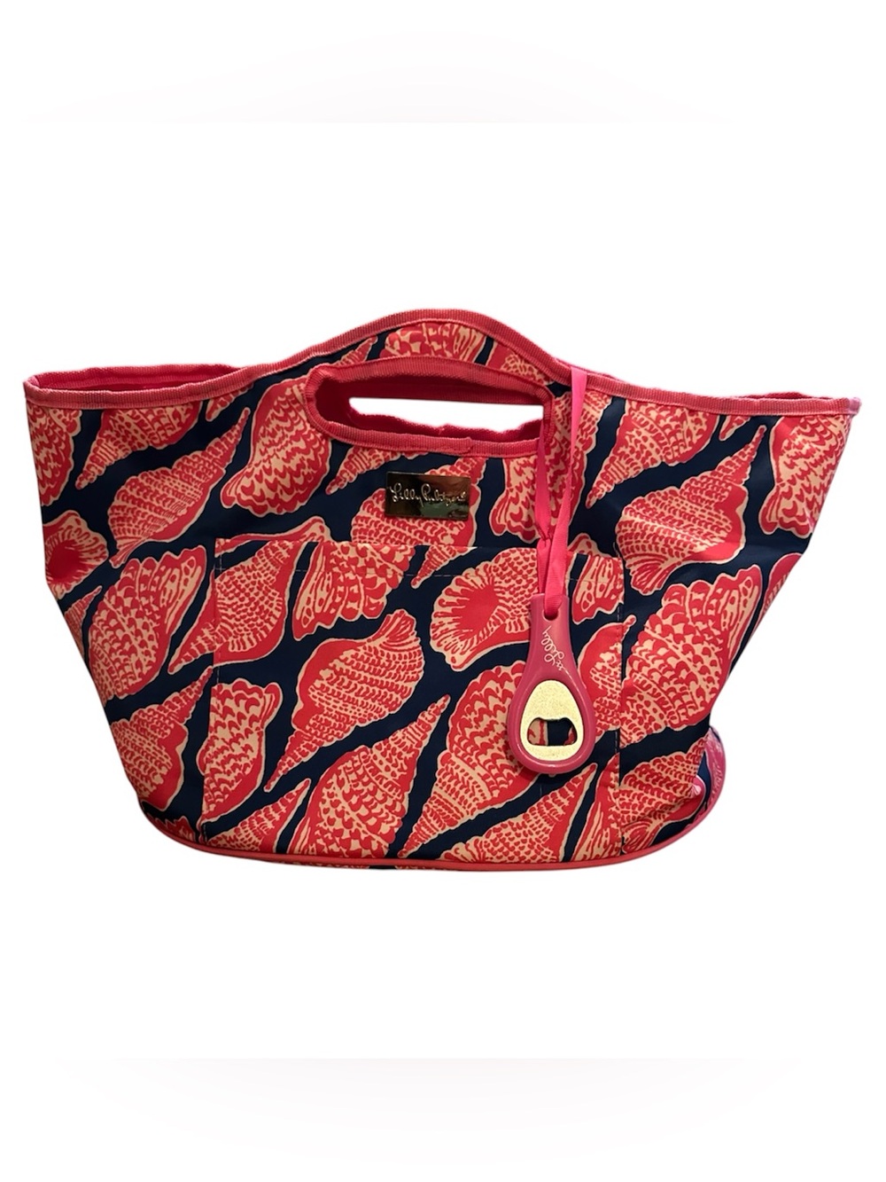 Lilly Pulitzer Navy and Coral Shell-Print Tote with Attached Bottle Opener